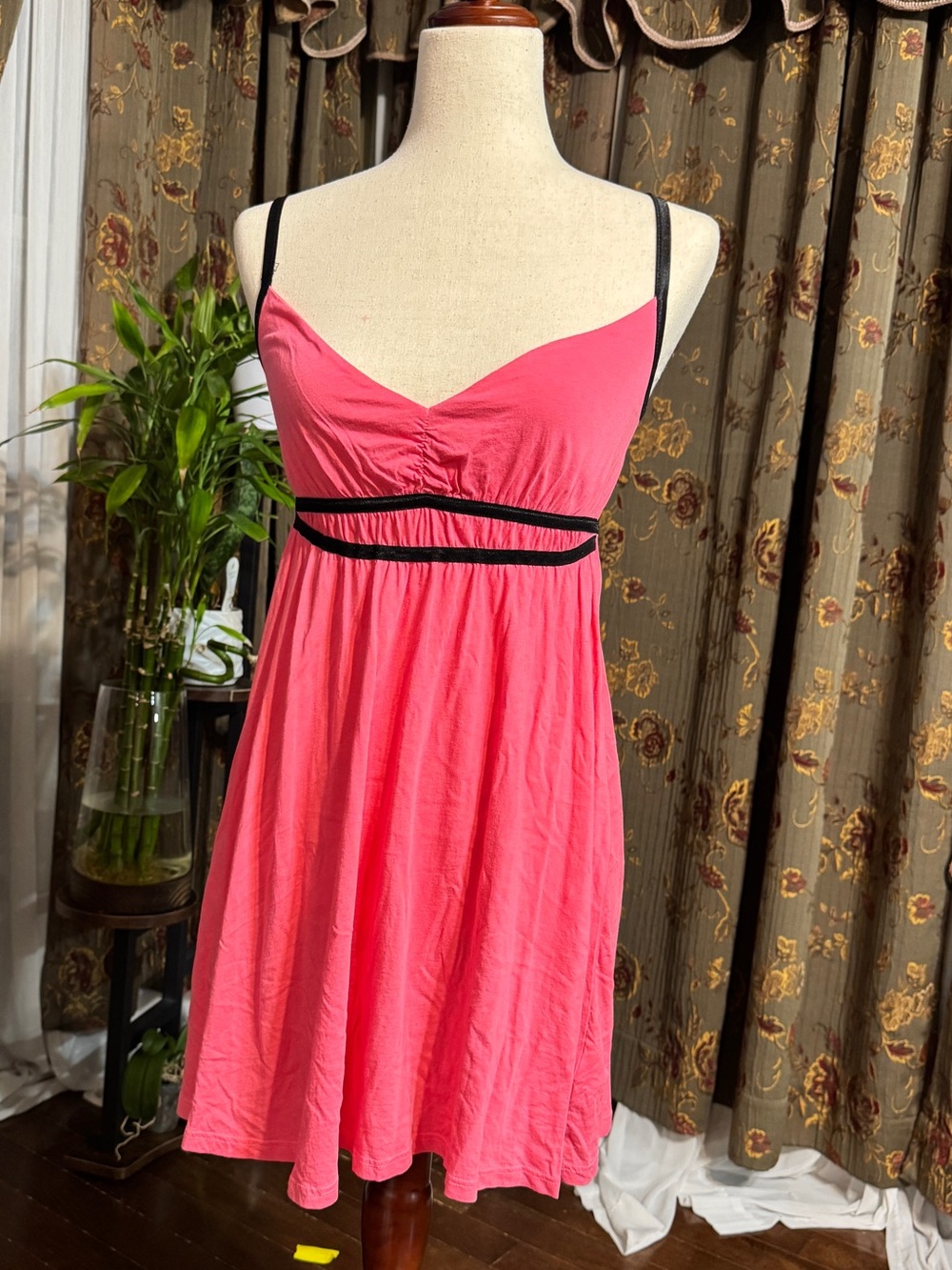 Y2KPink Spaghetti Strap Empire Waist Dress with Black Trim